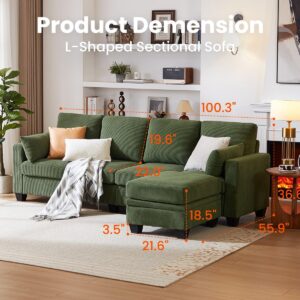 CHIC HOUSE Corduroy Modular Sectional Couch with Ottoman Chaise, L Shaped 4-seat Sofa for Living Room, Apartment, Lounge, Modern Armrest Neck Support Furniture