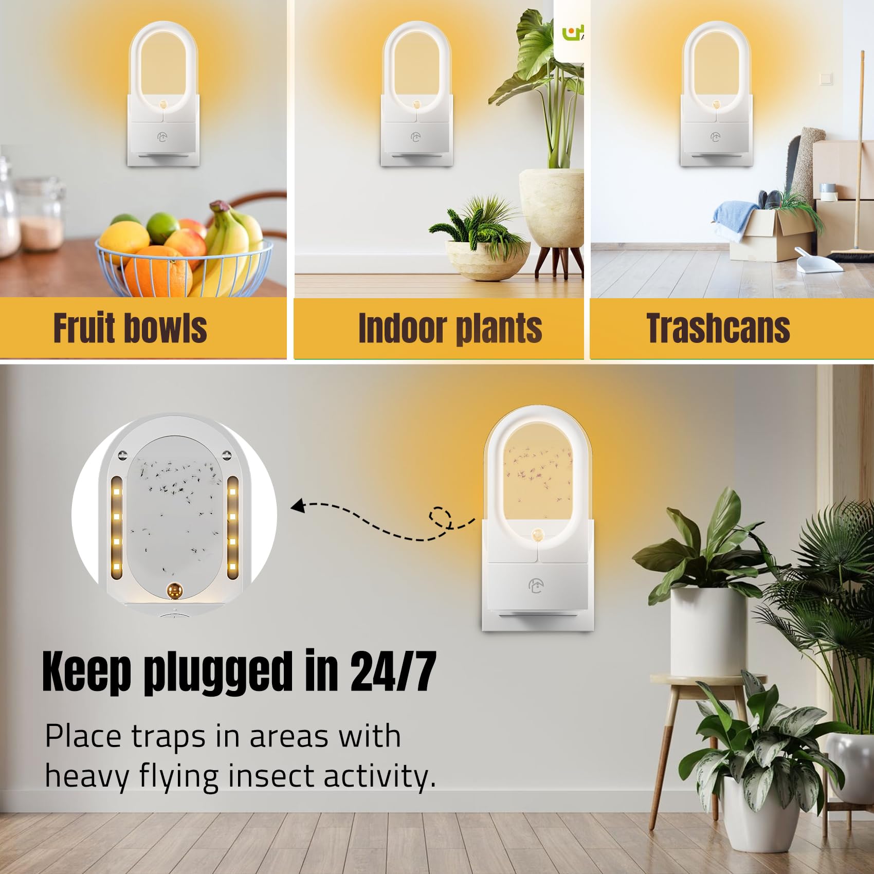 ULTRABOT Indoor Flying Insect Trap, 2 Pack Gnat Glue Traps Plug-in Indoor Bug Light Insect Killer with Double-Sided Adhesive Glue Cards Fly Traps Get Rid of Fruit Flies, Gnat, Moth