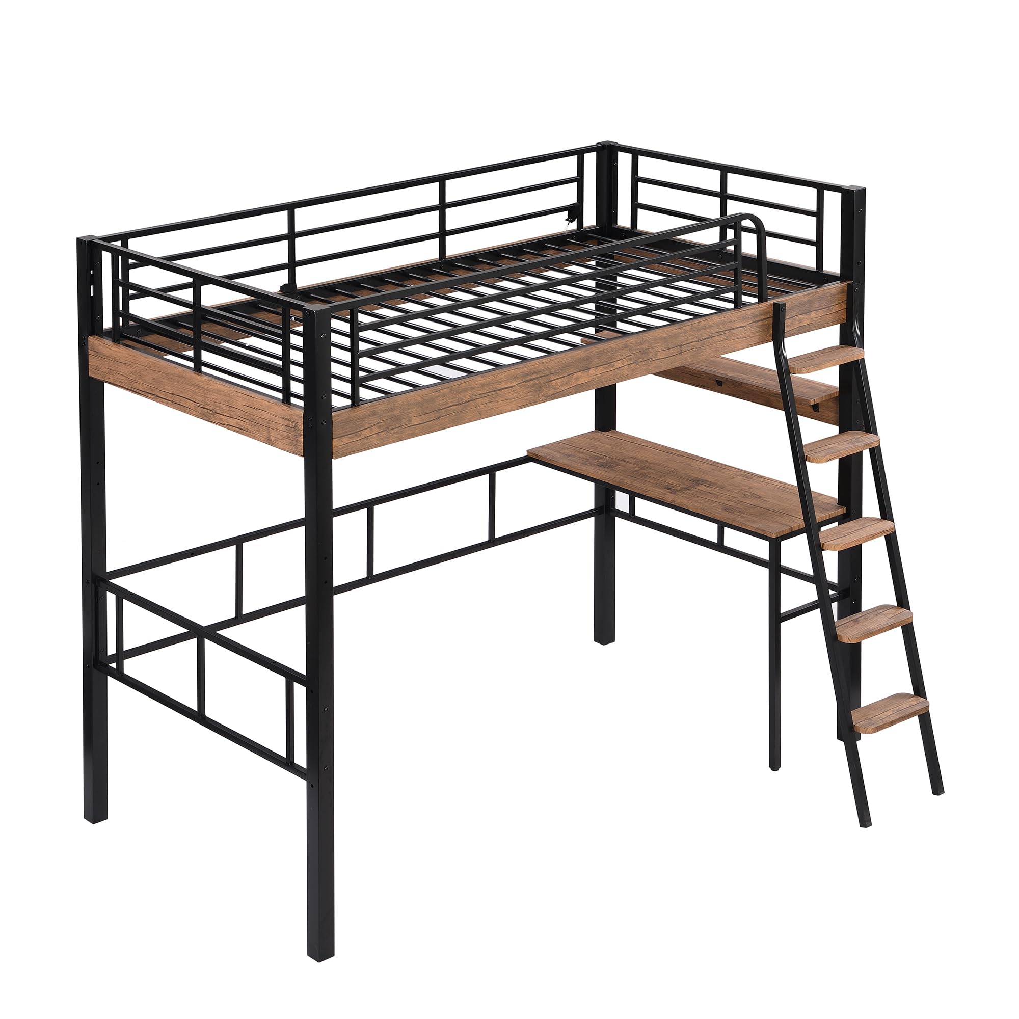 Twin Loft Bed with Desk and Storage Shelf, Metal Loft Bed Twin Size with Wider Ladder and Full Length Guardrail, Twin Size Loft Bed for Kids, Teens, Twin Loft Bed Black+Natural