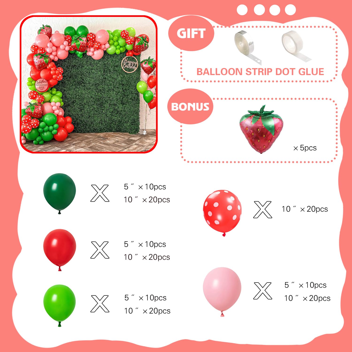 MOMO RUCCI 147Pcs Strawberry Balloons Arch Garland Kit with Strawberry Foil Balloons for Sweet Girl My Berry First Themed Birthday Party Supplies Baby Shower Gender Reveal Decorations Red Pink Green