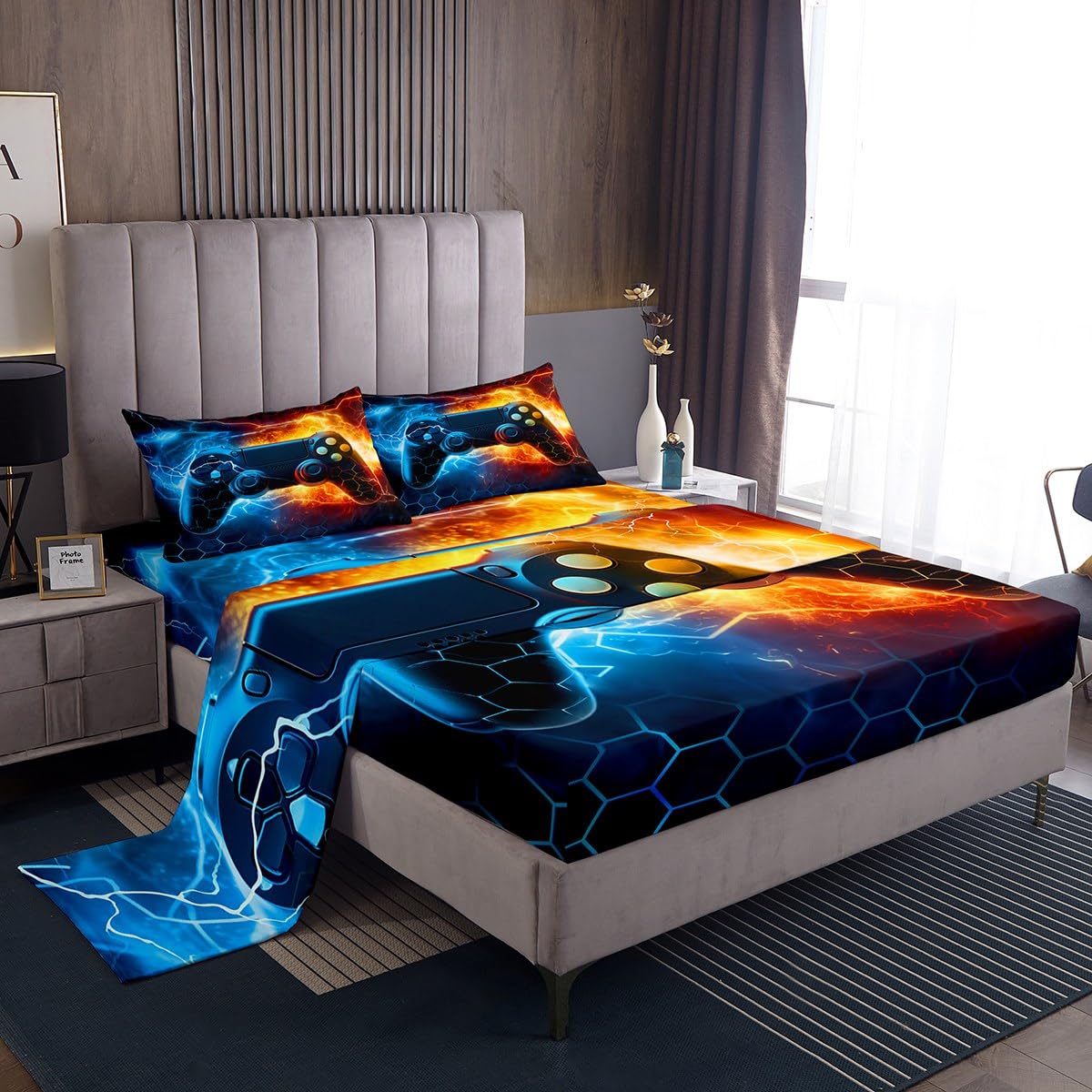 Feelyou Kids Boys Blue Red Gamer Bed Sheets Set Full Size, Honeycomb Gaming Sheets with Deep Pocket Fitted for Lightning Gamepad Sheet Set Game Room Decor Bedding Set Soft Bed Set 4Pcs