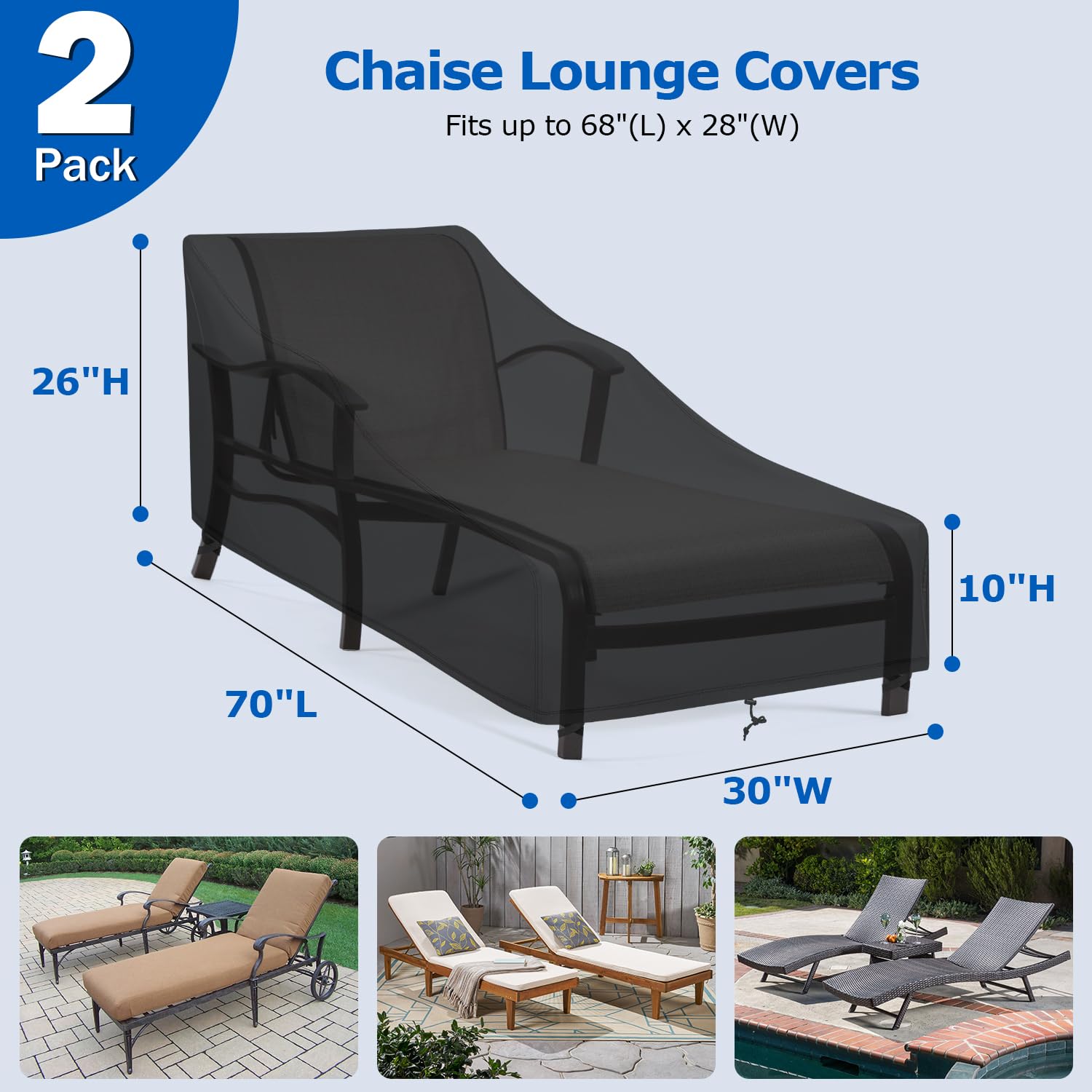 SunPatio Chaise Lounge Covers Outdoor Waterproof, 2 Pack Patio Lounge Chair Covers with Windproof Straps, Outdoor Patio Furniture Covers All Weather Protection, 70" x 30" x 26" H, Black