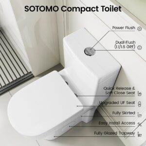 Compact One Piece Toilet for Bathroom, Space-Saving Powerful Dual Flush Round Small Toilet, Average 1.28 GPF, Skirted Toilet with Upgraded UF Quiet & Soft Close Seat (12" Rough-in Toilet)