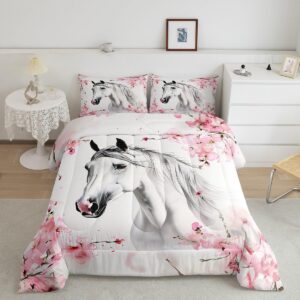 feelyou kids boys girls horse bedding set full, cherry blossom comforter horse comforter set for pink horse duvet set 3pcs room decor quilt set bedding collection