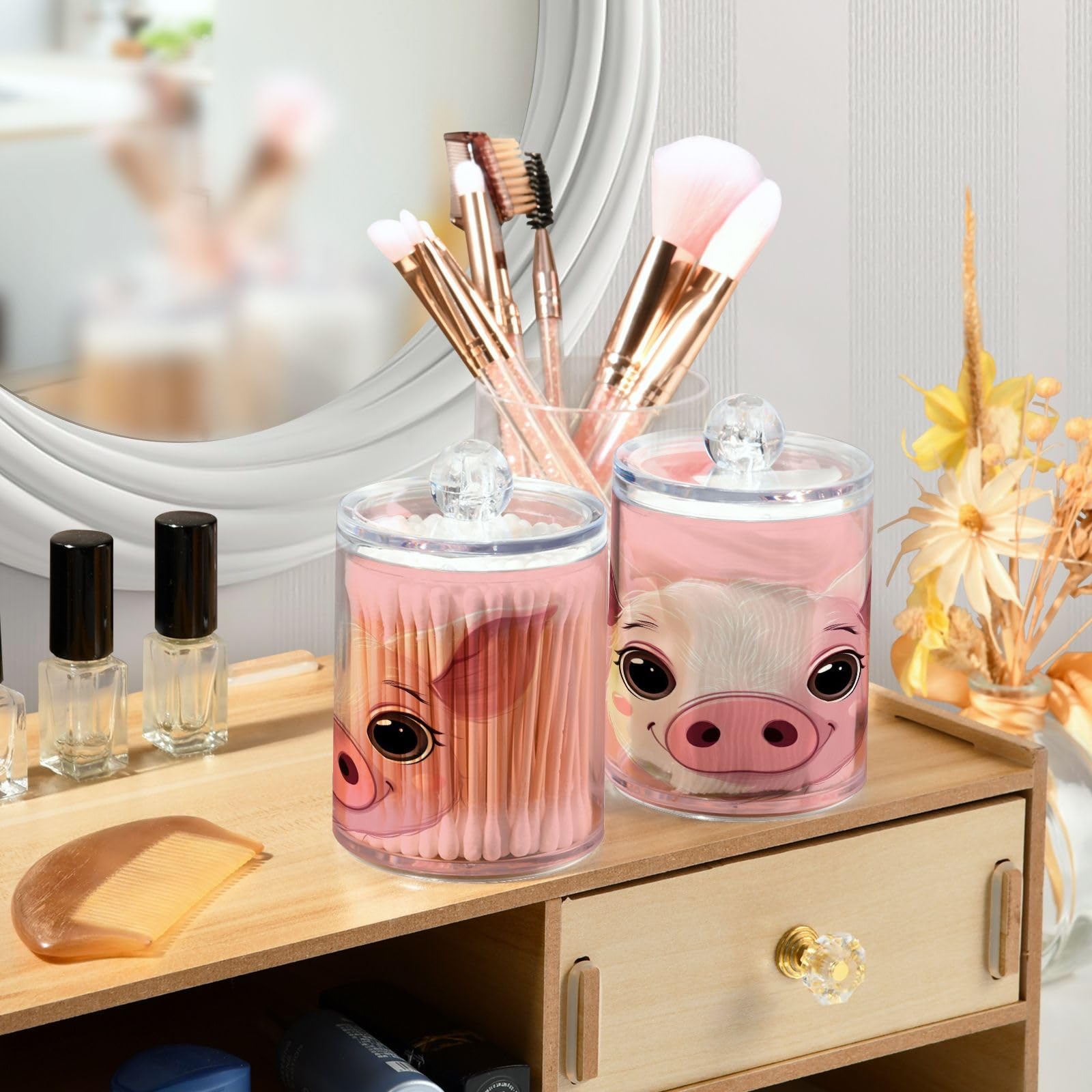 SDMKA 2 Pack Apothecary Jars Bathroom Cute Pig Face Qtip Holder Dispenser Clear Plastic Storage Canister Jar with Lid for Cotton Ball, Cotton Swab