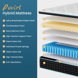 Povirt Queen Mattress 12 Inch, Pocket Spring Hybrid Queen Size Mattress in a Box, Memory Foam and Innerspring Mattress for Pressure Relief, Medium Firm Feel, 60 * 80 * 12 inch