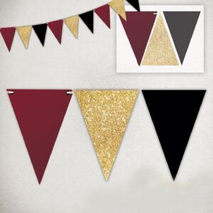 Graduation Party Decorations Maroon Gold 2024/Burgundy Gold Graduation Decorations/Maroon Black Birthday Party Decorations for Women/Burgundy Black Gold 2pcs Triangle Bunting Banners