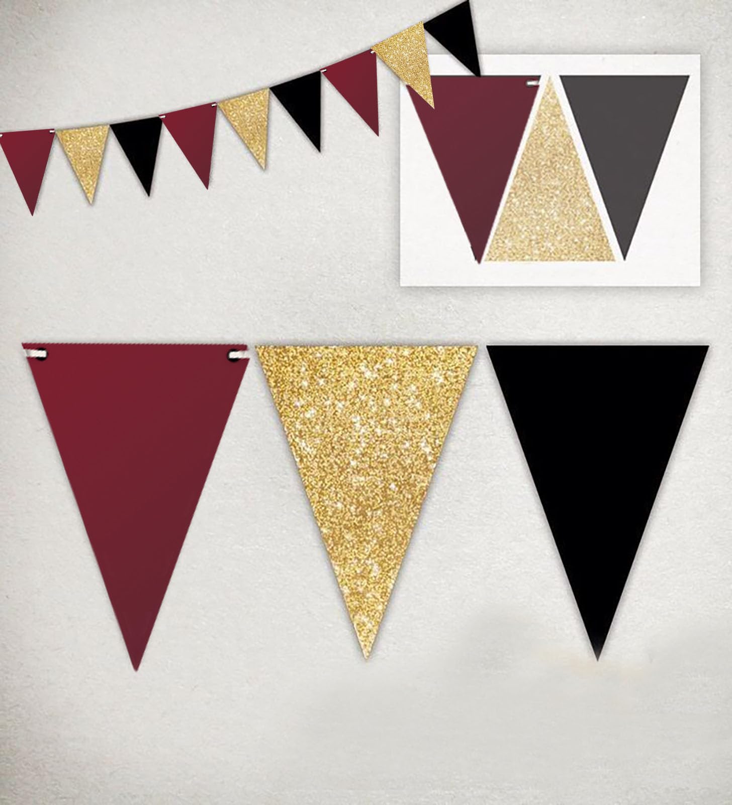 Graduation Party Decorations Maroon Gold 2024/Burgundy Gold Graduation Decorations/Maroon Black Birthday Party Decorations for Women/Burgundy Black Gold 2pcs Triangle Bunting Banners