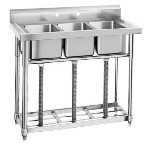 Petyee Stainless Steel Sink, Commercial Kitchen Prep & Utility Sink Free Standing 3-Compartment with Shelf for Restaurant Laundry Garage Bar Workshop (3 Compartment with Shelf, 38.9"L x 17.7"W x 37"H)