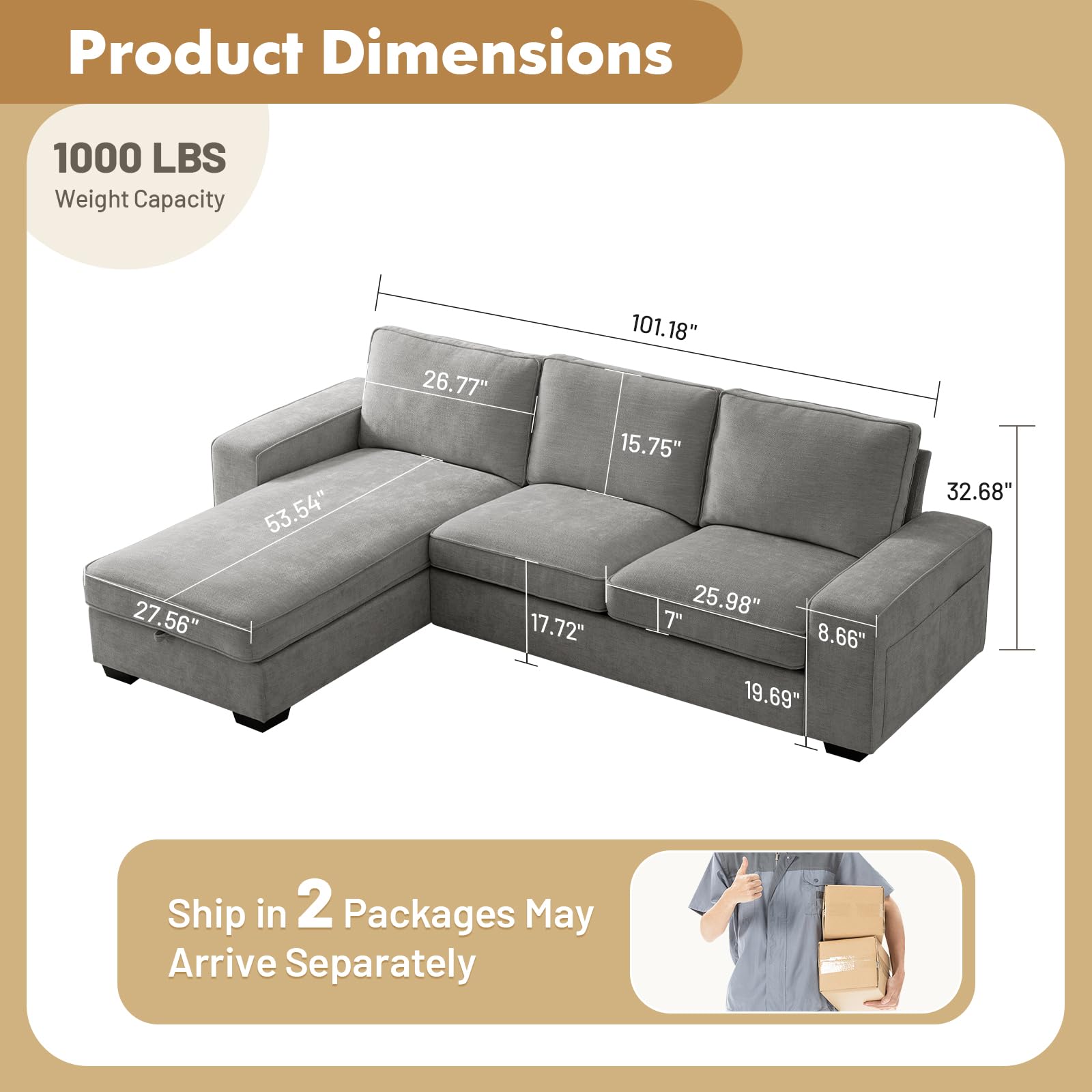 EASELAND 101“ Convertible Sectional Sofa, 3-Seat L Shape Couch for Living Room, Chenille Modern Comfy Sofa with Reversible Storage Chaise for Bedroom, Deep Seat Sofa with Removable Cover (Grey)