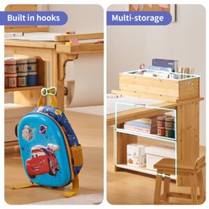 UNICOO Drawing and Art Table & Chair Set for Toddlers - Portable Craft Supplies Organizer and Storage Shelves, Canvas Bins, Paper Roll Rack, 2 Stools, Kids Art Table, Ages 2-12 (Nature)