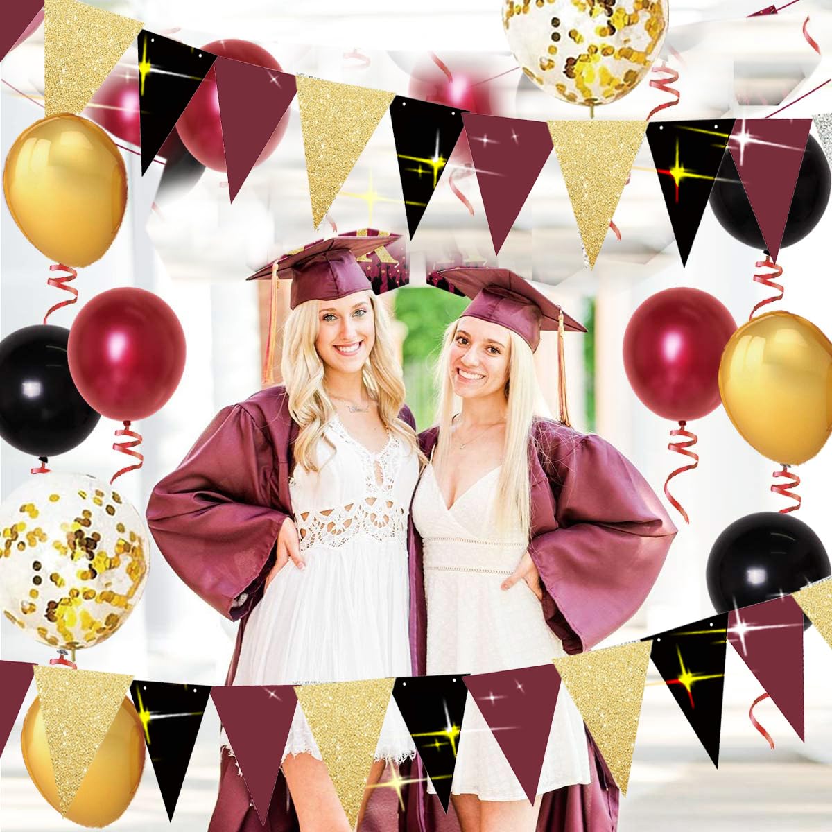 Graduation Party Decorations Maroon Gold 2024/Burgundy Gold Graduation Decorations/Maroon Black Birthday Party Decorations for Women/Burgundy Black Gold 2pcs Triangle Bunting Banners