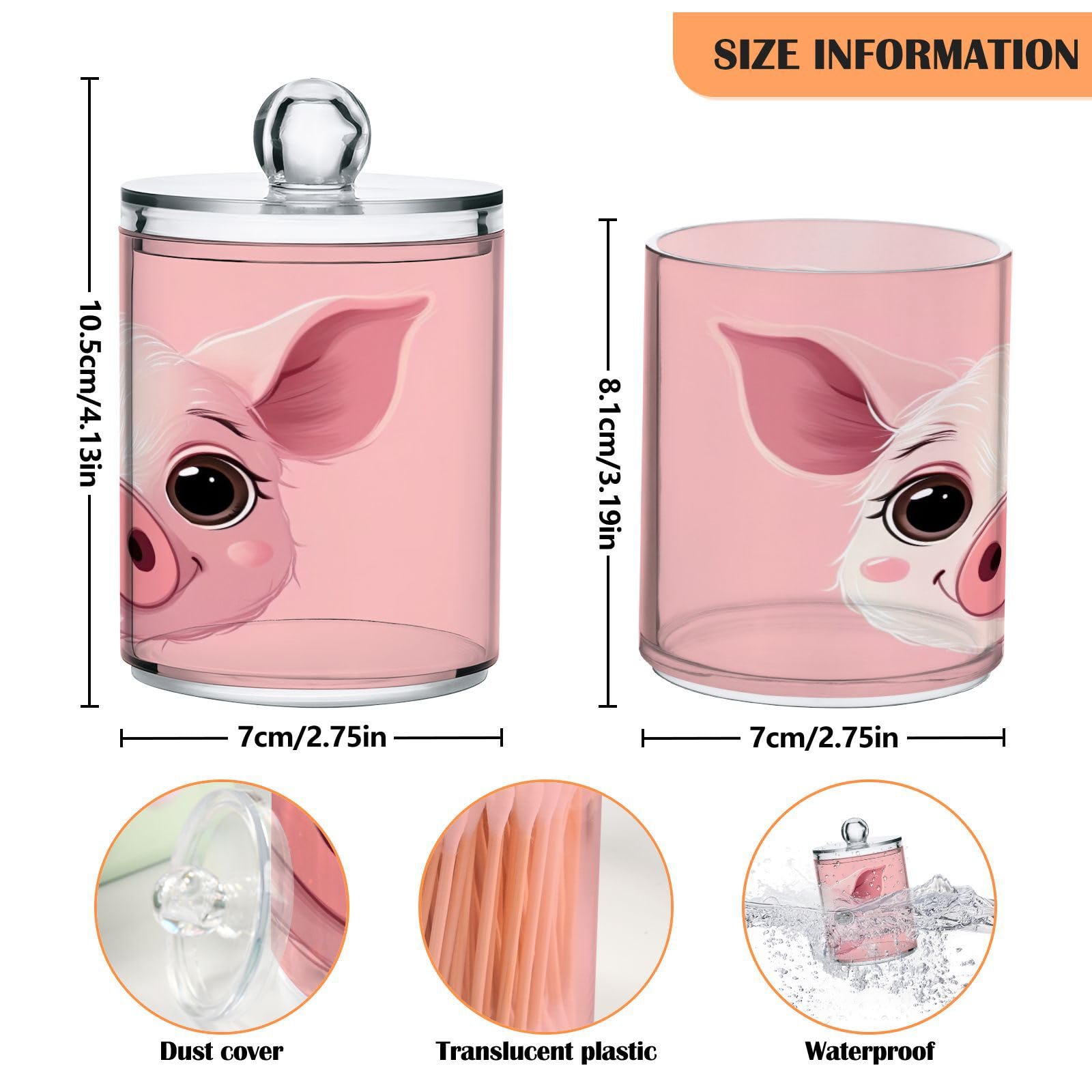 SDMKA 2 Pack Apothecary Jars Bathroom Cute Pig Face Qtip Holder Dispenser Clear Plastic Storage Canister Jar with Lid for Cotton Ball, Cotton Swab