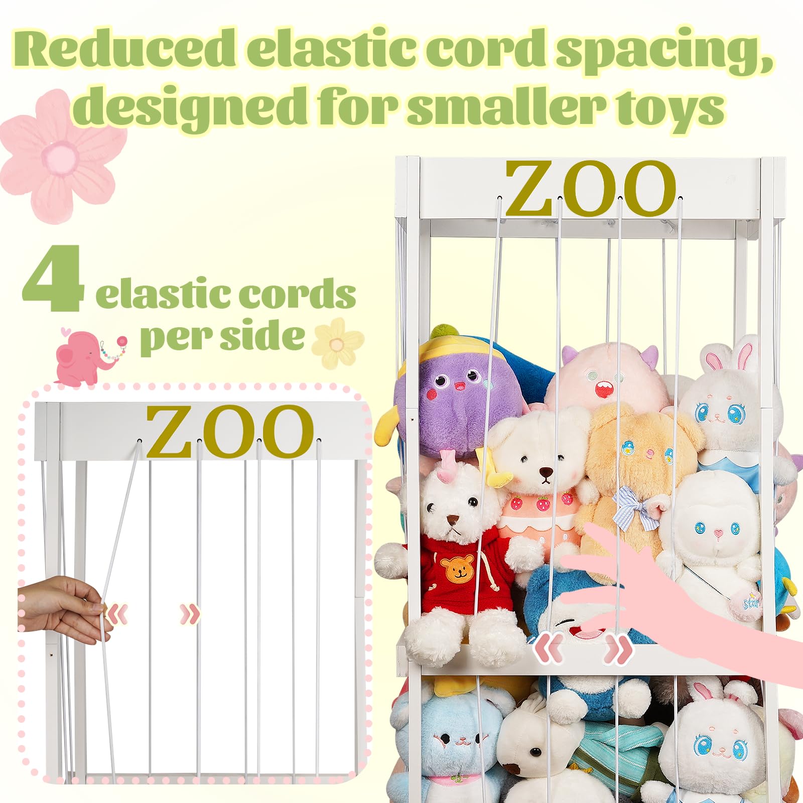 Trycooling Stuffed Animal Zoo Stuffed Animal Storage Wood Plushie Storage Stuffed Animals Zoo Storage Cage with Zoo Pattern Elastic Band for Nursery Play Room Bedroom