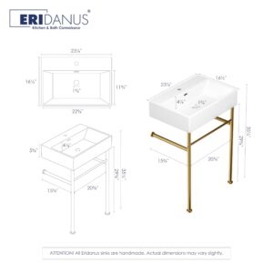 Eridanus 24"x16" Console Bathroom Sink, Free Standing 30 Inch Chrome Steel Support Pedestal Legs, Wall Mount White Vessel Ceramic Vanity Basin Modern Rectangular Sinks Porcelain, Brushed Gold