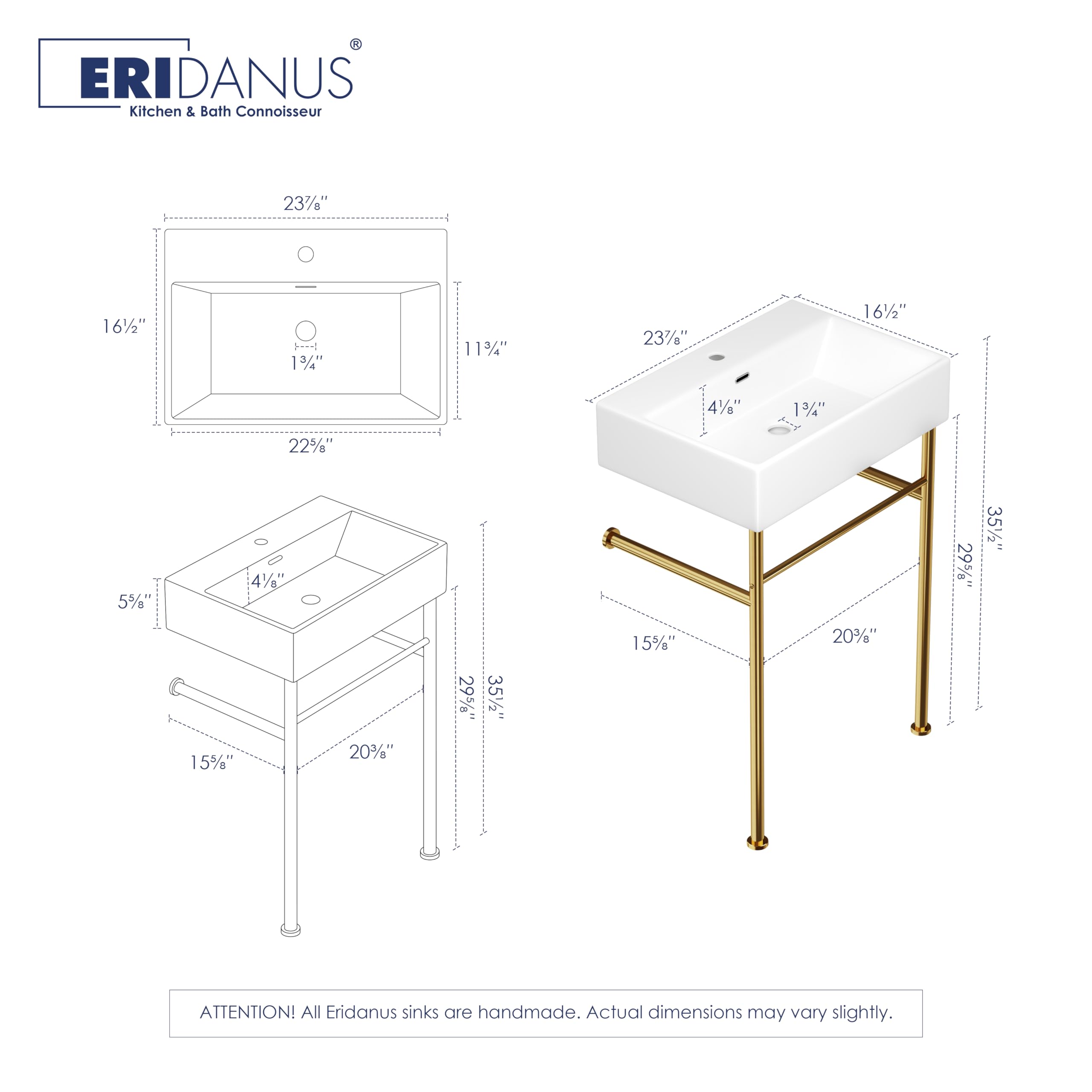 Eridanus 24"x16" Console Bathroom Sink, Free Standing 30 Inch Chrome Steel Support Pedestal Legs, Wall Mount White Vessel Ceramic Vanity Basin Modern Rectangular Sinks Porcelain, Brushed Gold