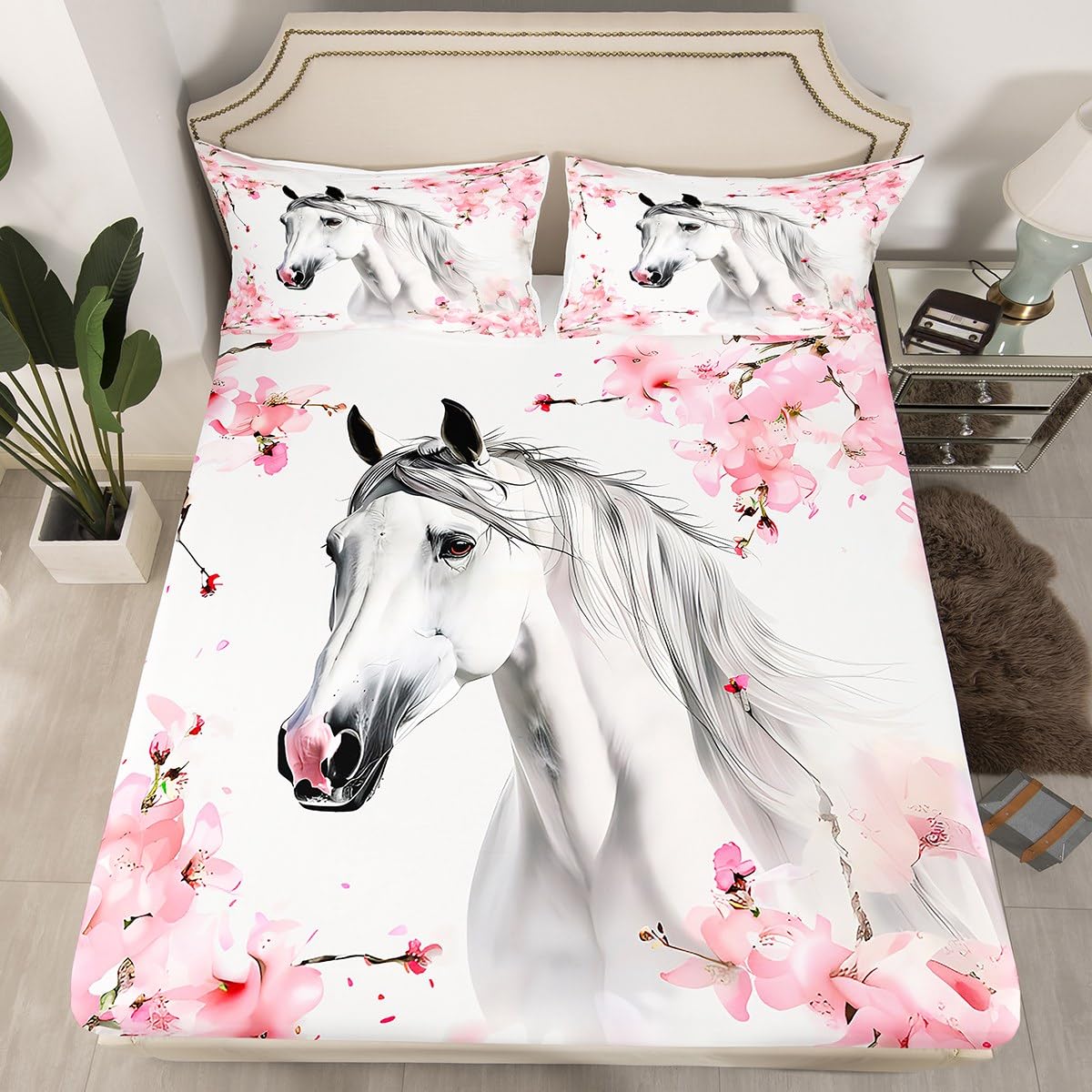 Feelyou Horse Sheet Set Twin, Cherry Blossom Sheets with Deep Pocket Fitted Girls Horse Bed Sheets Set for Kids Boys Girls Pink Horse Bedding Set Soft Bed Set 3Pcs