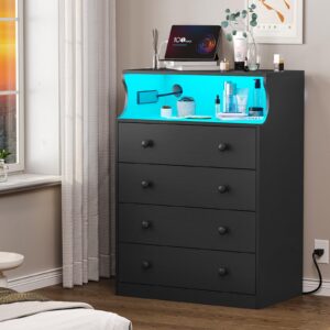 Hasuit Black Dresser with Charging Station, 4 Drawers LED Dresser for Bedroom, Chest of Drawers with Open Space, Large Capacity Tall Storage Cabinet, Black Dresser for Bedroom