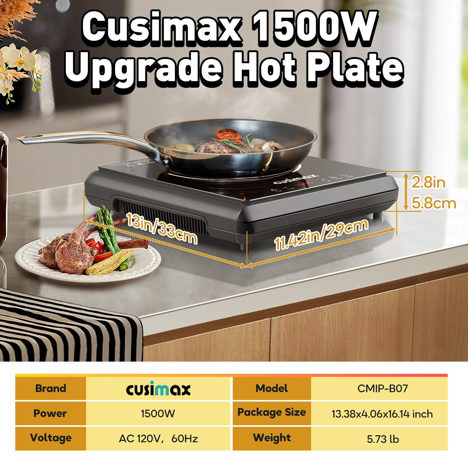 CUSIMAX 1500W Hot Plate, Portable Infrared Electric Stove For Home With 7 Speed,Ceramic Countertop Stove Sensor Touch,Kids Safety Lock And Timer,Compatible For All Cookwares