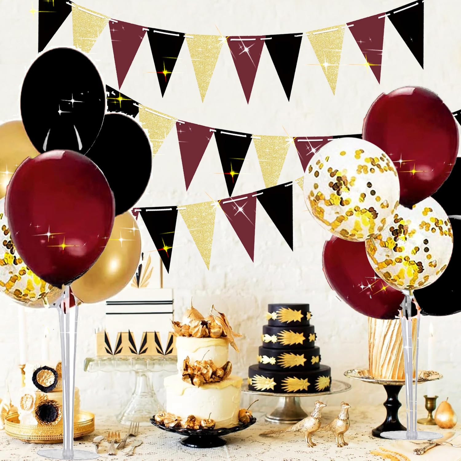 Graduation Party Decorations Maroon Gold 2024/Burgundy Gold Graduation Decorations/Maroon Black Birthday Party Decorations for Women/Burgundy Black Gold 2pcs Triangle Bunting Banners