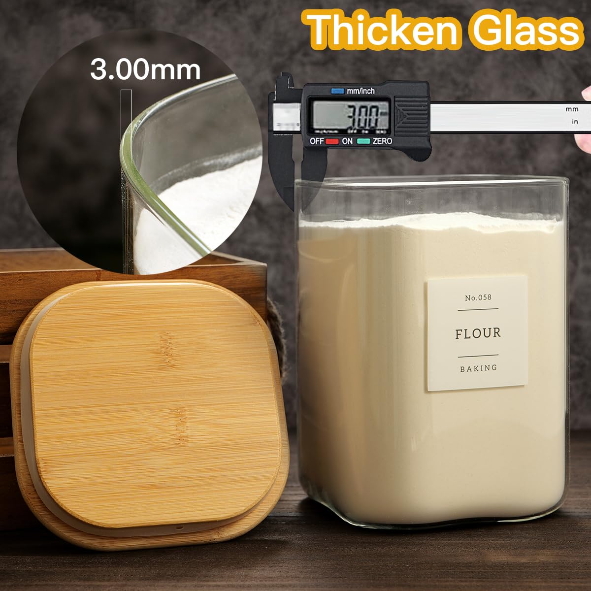 Large glass flour and sugar containers with 132 Kitchen Pantry Labels - 110 oz Glass Food Storage Containers with Airtight Lids - Square Glass Jars with Bamboo Lids for Rice, Pasta, Cookies, grain