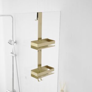 hiendure gold shower caddy over shower door - 2 tier hanging shower caddy organizer no drilling, shower storage shelf for indoor shower, bathroom, bedroom, kitchen