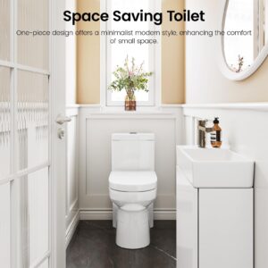 Compact One Piece Toilet for Bathroom, Space-Saving Powerful Dual Flush Round Small Toilet, Average 1.28 GPF, Skirted Toilet with Upgraded UF Quiet & Soft Close Seat (12" Rough-in Toilet)