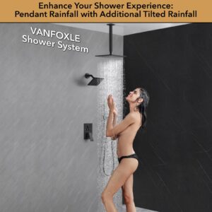 VANFOXLE Shower Faucet Set Matte Black Shower System,Push Button Diverter Shower Faucet with 2 in 1 Handheld,Ceiling Mount 10 Inch Shower Head with 6 Inch Wall Mount Shower Head