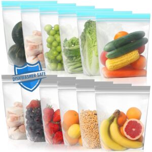 lerine 12 pack reusable gallon freezer bags dishwasher microwave safe, stand up reusable freezer bags 1 gallon silicone and bpa free, leakproof food storage bags for meal prep, kitchen organization