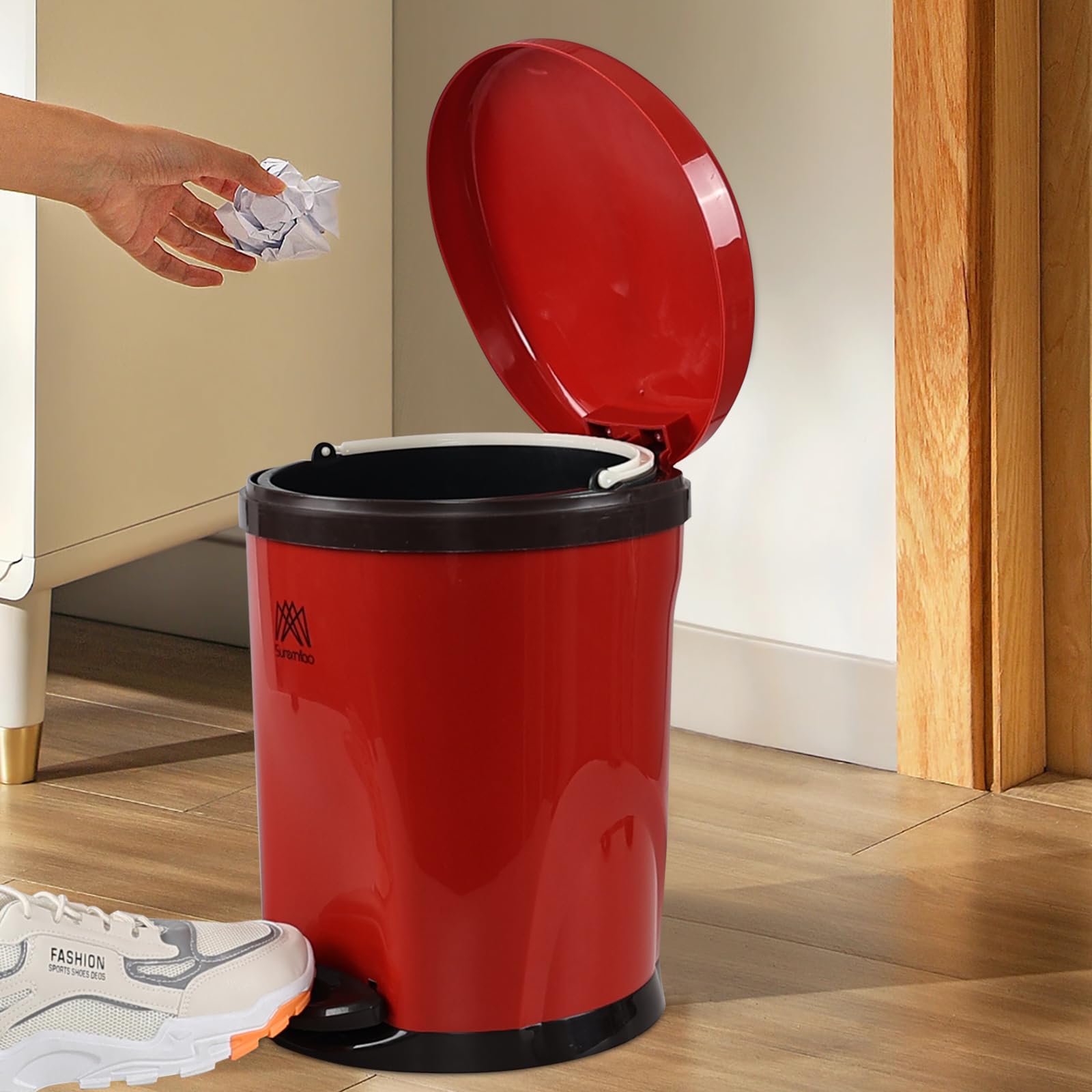 Ysmiltion 2.6 Gallon Plastic Step On Trash Can, Round Plastic Garbage Can, Red