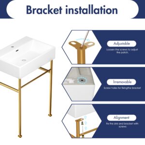 Eridanus 24"x16" Console Bathroom Sink, Free Standing 30 Inch Chrome Steel Support Pedestal Legs, Wall Mount White Vessel Ceramic Vanity Basin Modern Rectangular Sinks Porcelain, Brushed Gold