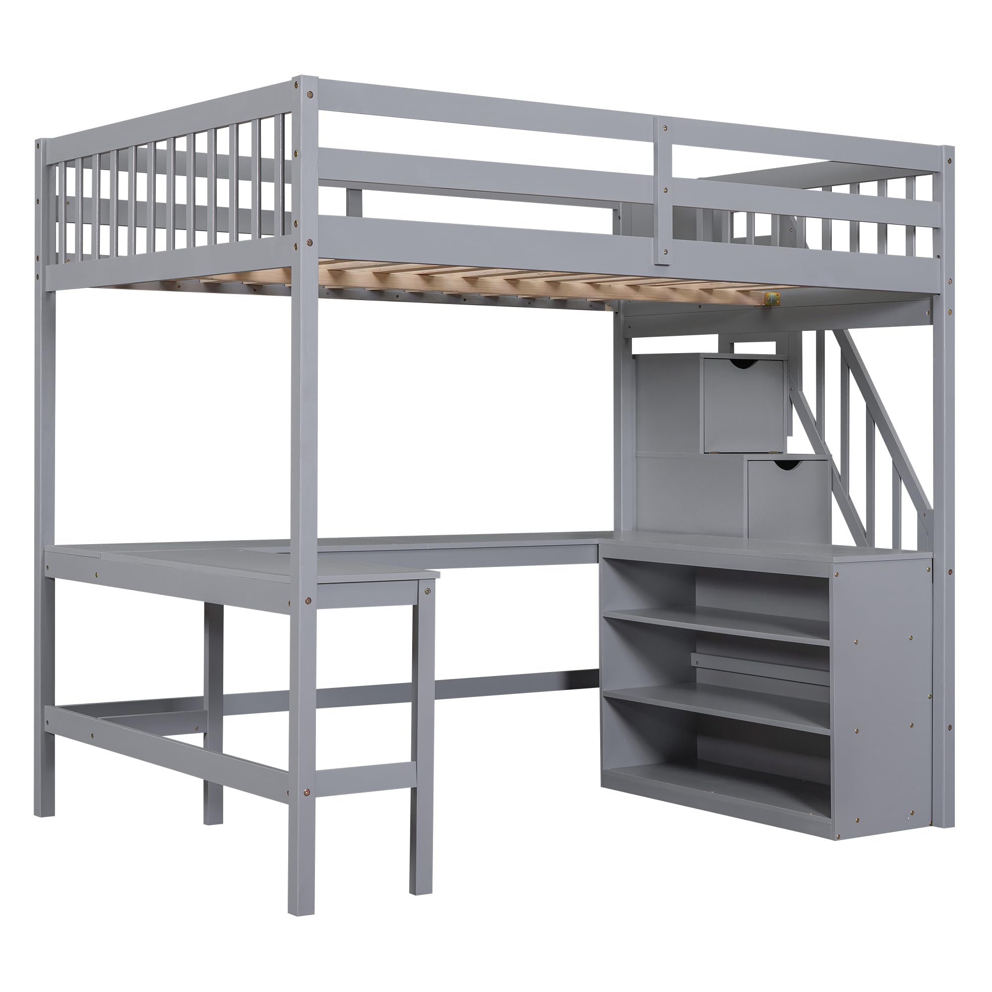 Harper & Bright Designs Full Loft Bed with Desk and Storage Shelves, Wood Full Size Loft Bed with Storage Staircase, High Loft Bed Full with Slat Support for Kids, Boys,Girls,Teens, Adults, Grey