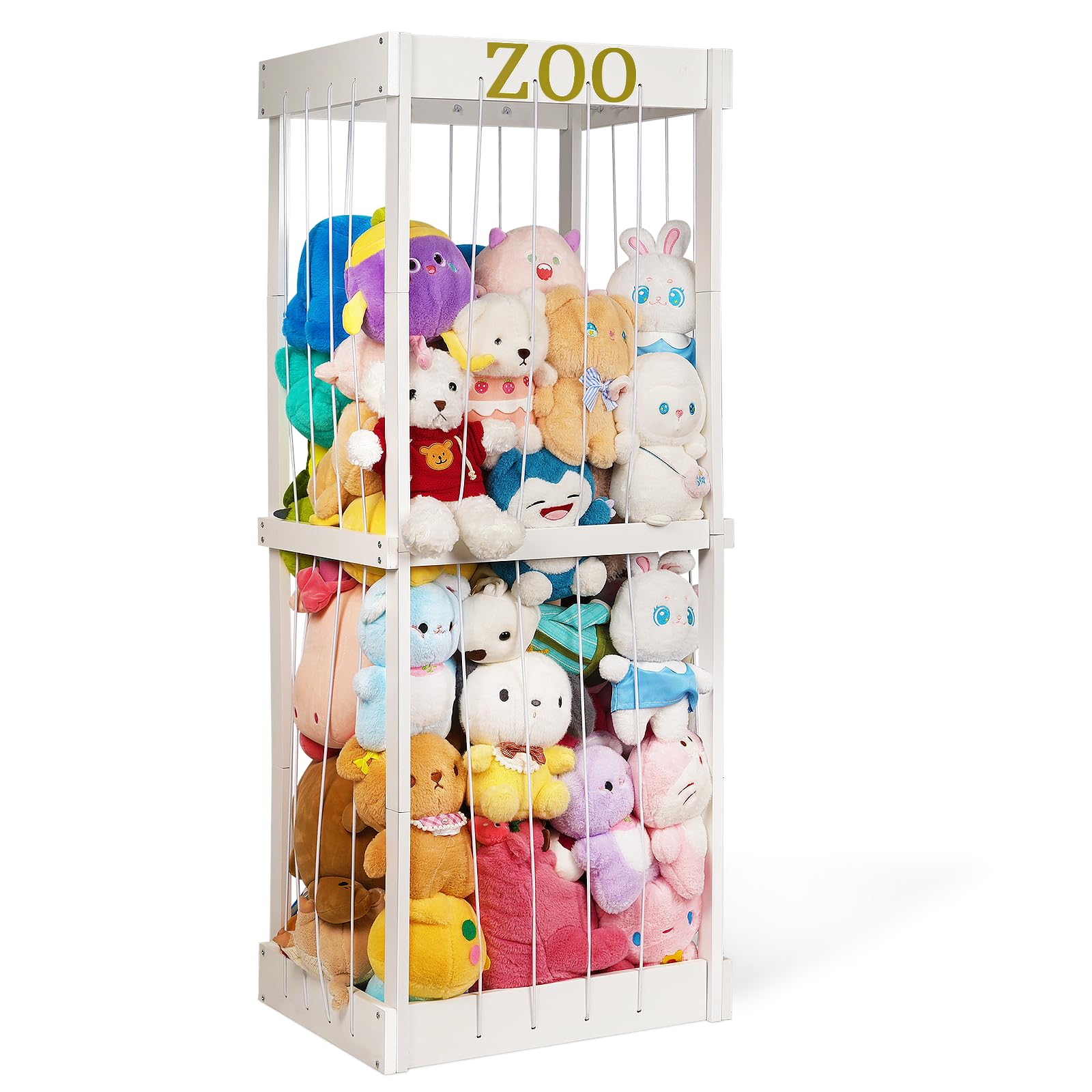 Trycooling Stuffed Animal Zoo Stuffed Animal Storage Wood Plushie Storage Stuffed Animals Zoo Storage Cage with Zoo Pattern Elastic Band for Nursery Play Room Bedroom