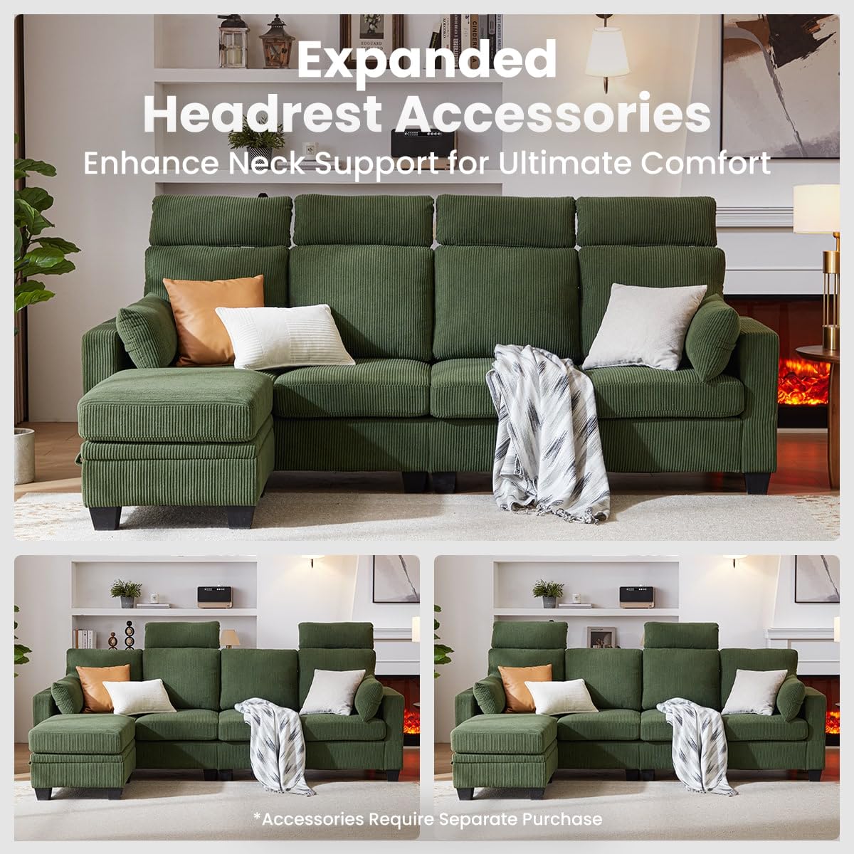 CHIC HOUSE Corduroy Modular Sectional Couch with Ottoman Chaise, L Shaped 4-seat Sofa for Living Room, Apartment, Lounge, Modern Armrest Neck Support Furniture