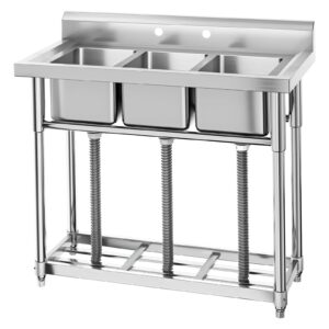 petyee stainless steel sink, commercial kitchen prep & utility sink free standing 3-compartment with shelf for restaurant laundry garage bar workshop (3 compartment with shelf, 38.9"l x 17.7"w x 37"h)