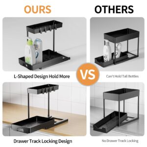 Delamu 2 Pack Under Sink Organizers and Storage, 2 Tier Pull Out Bathroom Cabinet Organizer, L-Shape Black Under Bathroom Kitchen Sink Organizer with Drawer for Under Sink Storage Organizer