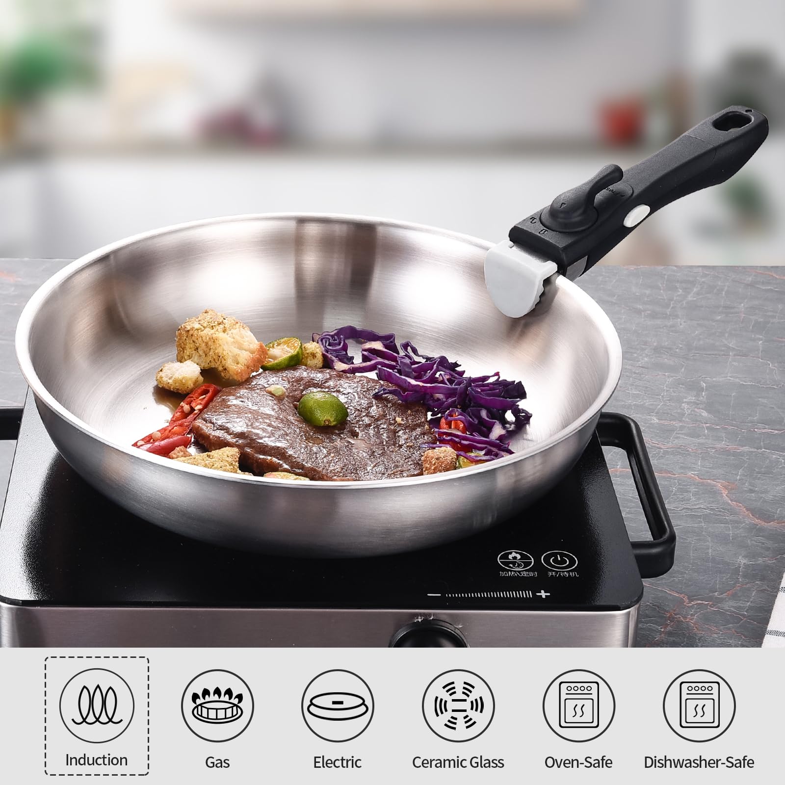 Inqibee Tri-ply Stainless Steel 8.5-12 Inch Sauté Pans with Lid,Stir Frying Pan Set,Skillets,Induction Pans for Home & RV Camping,Detachable Handle.