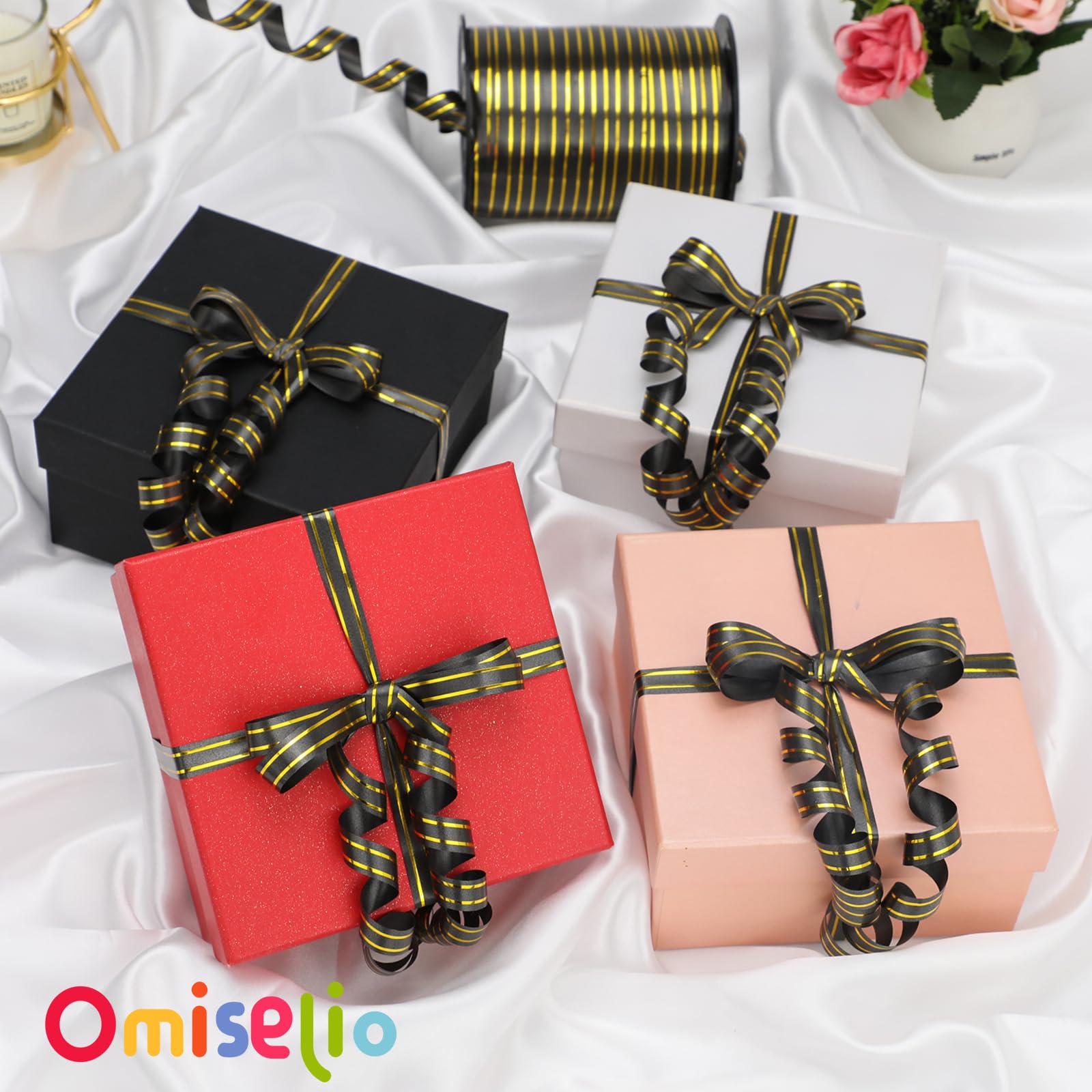 OMISELIO Black and Gold Ribbon, Black Ribbon, Curling Ribbon, Shiny Curling Ribbon for Gift Wrapping, Balloon Ribbon, Balloon String, Curly Ribbon for Halloween, Graduations, Christmas (219 Yard)