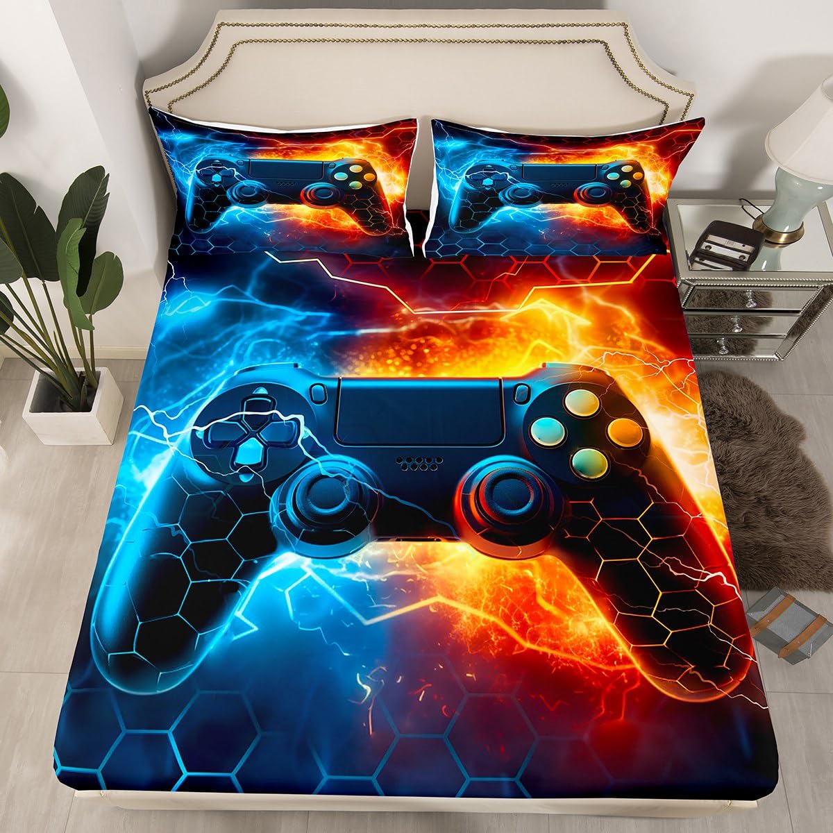 Feelyou Kids Boys Blue Red Gamer Bed Sheets Set Full Size, Honeycomb Gaming Sheets with Deep Pocket Fitted for Lightning Gamepad Sheet Set Game Room Decor Bedding Set Soft Bed Set 4Pcs