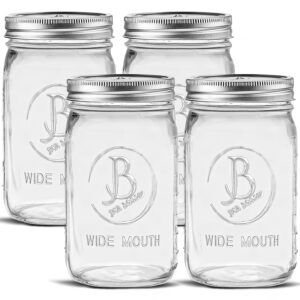 wide mouth mason jars 32 oz - (4 pack) - clear glass quart mason jars with airtight lids and bands. for storage, canning, fermenting, meal prep, cold brew coffee, freezing, microwave & dishwasher safe