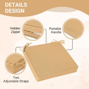 downluxe Outdoor Chair Cushions for Patio Furniture, Waterproof Square Corner Memory Foam Patio Chair Cushion with Adjustable Ties and Portable Handle, 19" x 19" x 3", Khaki, 4 Pack