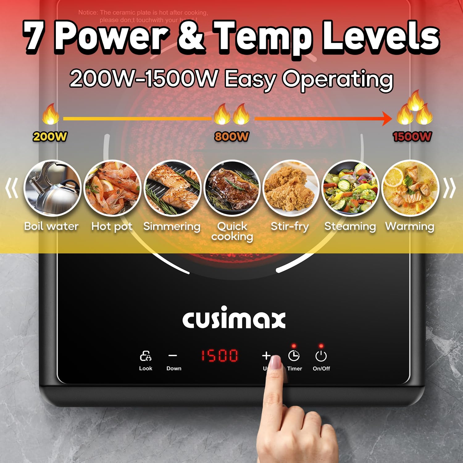 CUSIMAX 1500W Hot Plate, Portable Infrared Electric Stove For Home With 7 Speed,Ceramic Countertop Stove Sensor Touch,Kids Safety Lock And Timer,Compatible For All Cookwares