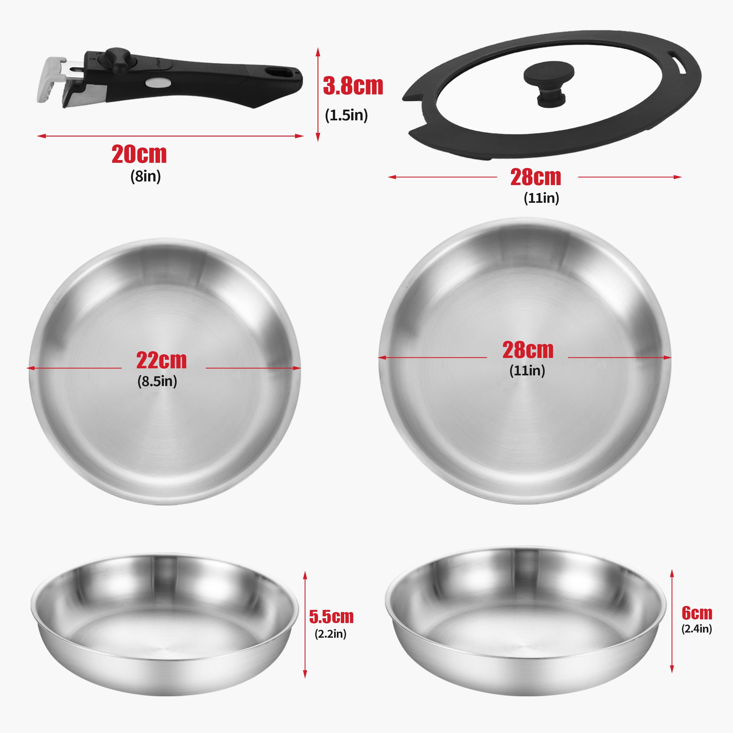 Inqibee Tri-ply Stainless Steel 8.5-12 Inch Sauté Pans with Lid,Stir Frying Pan Set,Skillets,Induction Pans for Home & RV Camping,Detachable Handle.