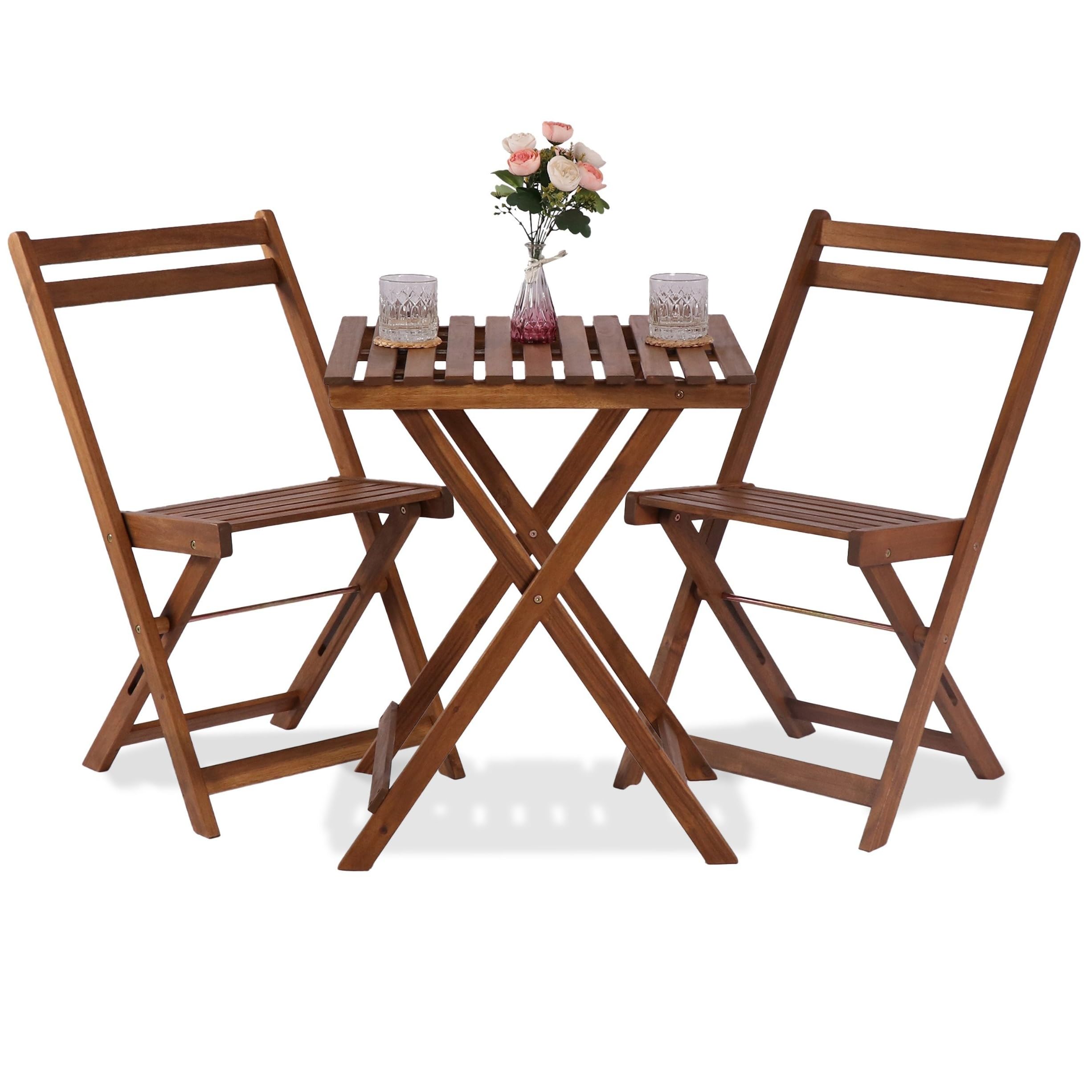 VICTORY RELAX Bistro Table and Chairs Set of 3, Folding Acacia Wood Patio Bistro Set with Square Table, Suitable for Balcony, Garden, Poolside, Yard, Camping