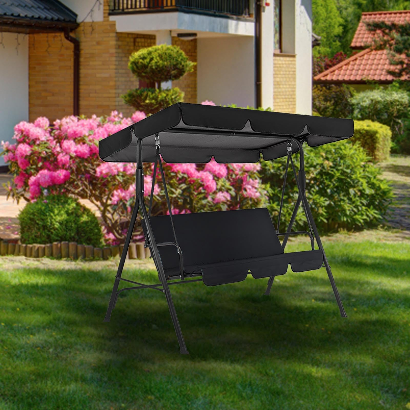 Swing Canopy Cover Set Swing Chair Canopy Replacement with Swing Cushion Cover 2 Seater Sun Shade Garden Hammock Top Cover Set Outdoor Garden Furniture Protector (Black, 55.9×47.2×7.1Inch)