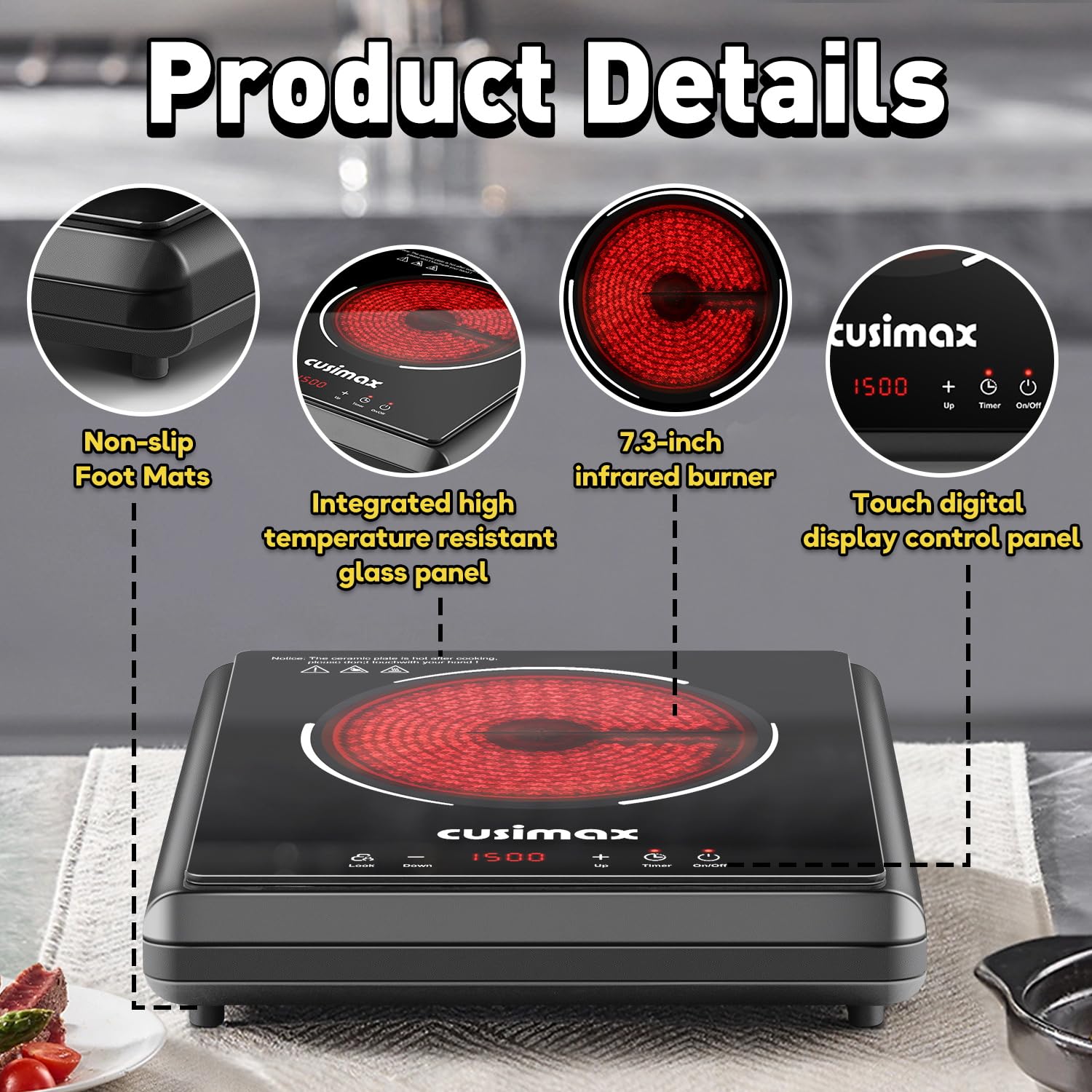 CUSIMAX 1500W Hot Plate, Portable Infrared Electric Stove For Home With 7 Speed,Ceramic Countertop Stove Sensor Touch,Kids Safety Lock And Timer,Compatible For All Cookwares