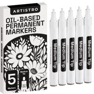 artistro 5 oil-based permanent paint markers - assorted sets of fine and medium tip markers for wood, rock, fabric, glass, ceramic, metal, plastic, and more - quick dry, waterproof, permanent, white