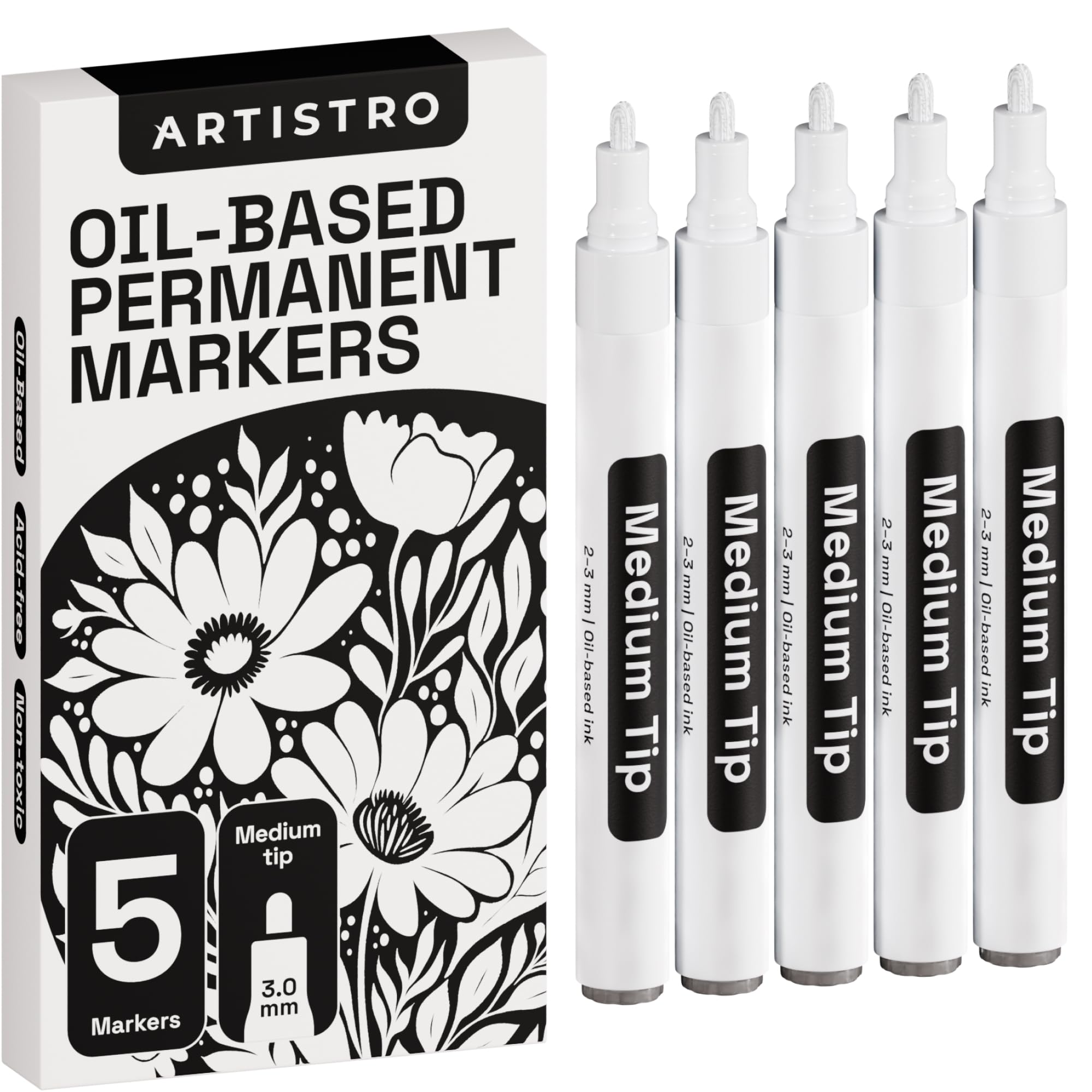 ARTISTRO 5 Oil-Based Permanent Paint Markers - Assorted Sets of Fine and Medium Tip Markers for Wood, Rock, Fabric, Glass, Ceramic, Metal, Plastic, and More - Quick Dry, Waterproof, Permanent, White