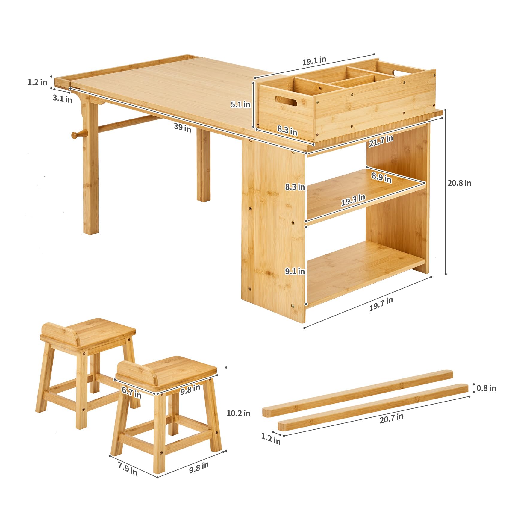 UNICOO Drawing and Art Table & Chair Set for Toddlers - Portable Craft Supplies Organizer and Storage Shelves, Canvas Bins, Paper Roll Rack, 2 Stools, Kids Art Table, Ages 2-12 (Nature)