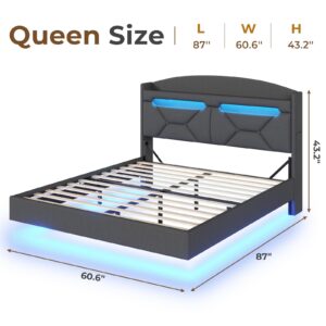 ADORNEVE Queen Floating Bed Frame with USB-C/A Charging Station, LED Bed Frame with Storage Headboard, Upholstered Platform Queen Bed with Shelves, Hidden Storage, Stable Structure,Dark Grey